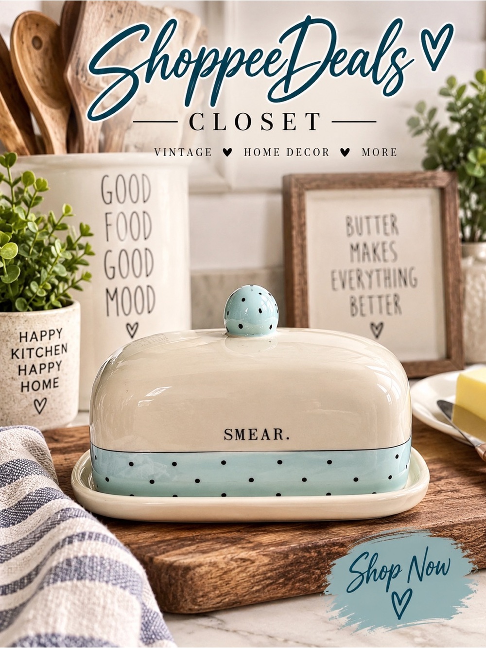 Rae Dunn Artisan Collection “SMEAR.” Polka Dot Ceramic Butter Dish by Magenta